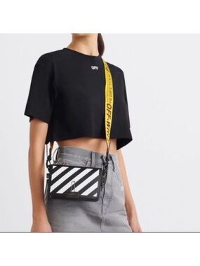Off-White Black & White Diagonal Stripe Crossbody with Yellow Strap
